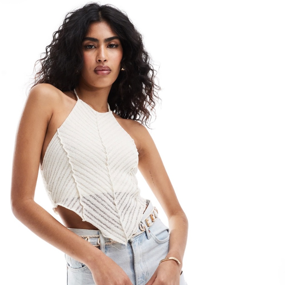 Bershka crochet halterneck top in crème